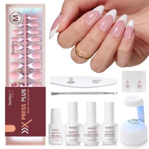 imageBeetles French Tips Press On Nails 224 Pcs Pink French Tip Nails Short Almond Fake Nails Soft Gel Nail Tips False Nails Art DIY For Women16 Sizes7Beetles X Press Kit7