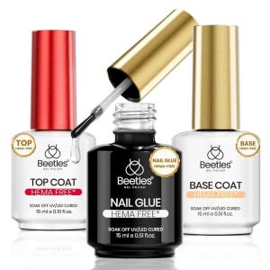 imageBeetles Gel Nail Kit Almond Nail Tips Easy Nail Extension Set 9 In 1 Nail Glue Gel with Pre shaped Medium Almond Nail Tips ampamp UV Nail Lamp Acrylic Nail Clipper DIY Art Gifts for Her0 3Pcs HEMAFree Nail Glue Base Top Coat Set