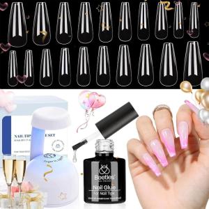 imageBeetles Gel Nail Kit Almond Nail Tips Easy Nail Extension Set 9 In 1 Nail Glue Gel with Pre shaped Medium Almond Nail Tips ampamp UV Nail Lamp Acrylic Nail Clipper DIY Art Gifts for Her25Long Coffin 500pcs Clear Kit