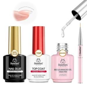 imageBeetles Gel Nail Kit Almond Nail Tips Easy Nail Extension Set 9 In 1 Nail Glue Gel with Pre shaped Medium Almond Nail Tips ampamp UV Nail Lamp Acrylic Nail Clipper DIY Art Gifts for Her35 4Pcs HEMAFree Nail Glue Top Coat Builder Nail Gel