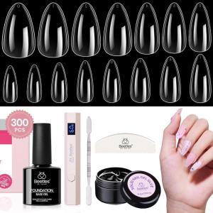 imageBeetles Gel Nail Kit Almond Nail Tips Easy Nail Extension Set 9 In 1 Nail Glue Gel with Pre shaped Medium Almond Nail Tips ampamp UV Nail Lamp Acrylic Nail Clipper DIY Art Gifts for Her14Medium Almond 300pcs Clear Kit