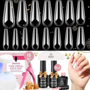 imageBeetles Gel Nail Kit Almond Nail Tips Easy Nail Extension Set 9 In 1 Nail Glue Gel with Pre shaped Medium Almond Nail Tips ampamp UV Nail Lamp Acrylic Nail Clipper DIY Art Gifts for Her26Long Coffin 600pcs Clear Kit