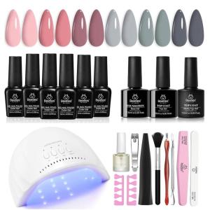 imageBeetles Gel Nail Polish Kit with Uv Light Base Gel Top Coat 6 Colors Nude Neutral Nail Polish Starter Kit Soak off Led Set DIY Manicure Home Nail Essentials Gift for Girls Women1 Hot Pink Magenta