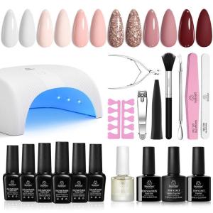 imageBeetles Gel Nail Polish Kit with Uv Light Base Gel Top Coat 6 Colors Nude Neutral Nail Polish Starter Kit Soak off Led Set DIY Manicure Home Nail Essentials Gift for Girls Women4Nude Brown
