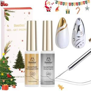 imageBeetles Metallic Gel Nail Polish Liner Set Silver Bronze Gold 2pcs Gel Liner Nail Art Chrome 3D HighGloss Effect for Nail Paint Design with Thin Brush DIY French Manicure Curing Requires at HomeChristmas Silver Gold Set