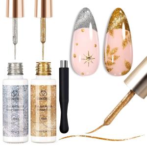 imageBeetles Metallic Gel Nail Polish Liner Set Silver Bronze Gold 2pcs Gel Liner Nail Art Chrome 3D HighGloss Effect for Nail Paint Design with Thin Brush DIY French Manicure Curing Requires at HomeCat Eye Gold and Sliver