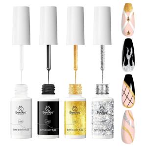 imageBeetles Metallic Gel Nail Polish Liner Set Silver Bronze Gold 2pcs Gel Liner Nail Art Chrome 3D HighGloss Effect for Nail Paint Design with Thin Brush DIY French Manicure Curing Requires at HomeClassic Gold Silver Black White