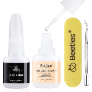 imageBeetles Nail Glue with Glue Remover Kit 2  10ML Super Strong Easy to Remove Off Fake Nails Adhesive Remover with Cuticle PusherC10ML Nail Glue Remover