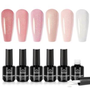 imageBeetles Rubber Base Gel Nail Polish 6 Colors Nude Gel Polish Pink Peach Neutral Sheer French Tips Base Colors for Nails Base Flexible U V LED Soak Off Gel Kit for DIY Home Manicure Winter Nail GiftsRubber Base Stardust Whisper 6Pcs
