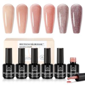 imageBeetles Rubber Base Gel Nail Polish 6 Colors Nude Gel Polish Pink Peach Neutral Sheer French Tips Base Colors for Nails Base Flexible U V LED Soak Off Gel Kit for DIY Home Manicure Winter Nail GiftsGlitter Pink Peach