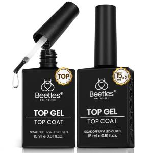 imageBeetles Top Coat Gel Nail Polish 2Pcs 15ml No Wipe Gel Top Coat High Gloss Shiny LongLasting Clear Nail Polish Soak Off Nail Lamp Needed Home DIY Manicure Gifts for WomenClear