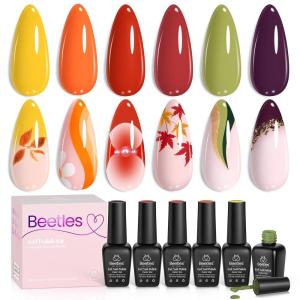 imageBeetles Christmas Gel Nail Polish  Candy Cane Gel Polish Set 6 Color Burgundy Red Glitter White Silver Winter Snow Holiday Sparkle Manicure Kit Soak off Uv Nail Art Design Gifts for Women00Sunset Leaves