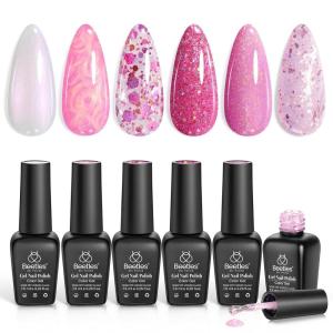 imageBeetles Christmas Gel Nail Polish Set 5 Winter Colors Dark Blue Glitter White Light Blue Silver Gel Polish with Sealing Gel Sugar Dust Powder Nail Sticker UV LED Needed Gifts for Women Sparkling SnowPink Reverie