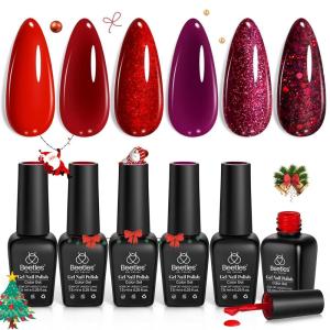 imageBeetles Christmas Gel Nail Polish Set 5 Winter Colors Dark Blue Glitter White Light Blue Silver Gel Polish with Sealing Gel Sugar Dust Powder Nail Sticker UV LED Needed Gifts for Women Sparkling Snow0Poinsettia