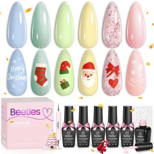 imageBeetles Christmas Gel Nail Polish Set 5 Winter Colors Dark Blue Glitter White Light Blue Silver Gel Polish with Sealing Gel Sugar Dust Powder Nail Sticker UV LED Needed Gifts for Women Sparkling SnowSpring scenery by the lake