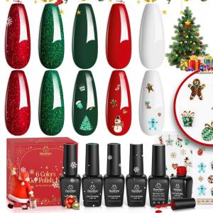 imageBeetles Christmas Gel Polish Set  Christmas Eif Collection Sparkle Red Green Glitter Gel Polish Kit Soak Off UV LED Gel Nail Kit with Nail Strengthener Gel Sticker Gift for Women00 0Red Happy Holidays