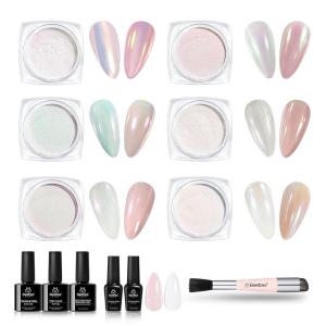 imageBeetles Chrome Nail Powder for Nails Aurora Pearl Kit 6 Colors with Base Top Coat Color Gel PolishIridescent Glazed Donut Chrome Nail Powder Metallic Mirror Mermaid Glitter Kit for Nail Art Design