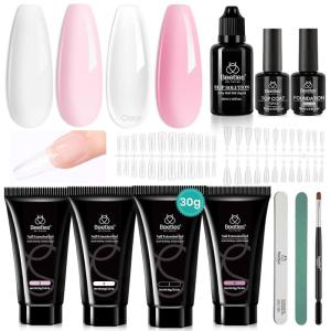 imageBeetles Poly Nail Extension Gel Kit 4 Colors Pink White Poly Nail Gel Builder Nail Gel with Poly Brush ampamp Slip Solution Nail Salon All In 1 Kit Christmas Gift for Women UV ampamp LED Needed0Pink Tint Nail Strengthening