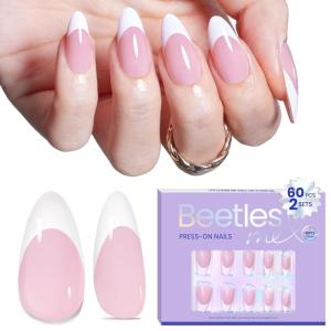 imageBeetles Press On Nails Almond Medium 60pcs French Tip Press On Nails in 16 Sizes White French Tips Pink Fake Nails with Nail Glue Quick ampamp Easy Nail Salon Manicure Gift for Women Her1Medium Almond French Nails
