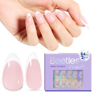 imageBeetles Press On Nails Almond Medium 60pcs French Tip Press On Nails in 16 Sizes White French Tips Pink Fake Nails with Nail Glue Quick ampamp Easy Nail Salon Manicure Gift for Women HerAlmond Short