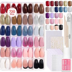 imageBeetles Press On Nails Kit  Creamy Drizzle  720Pcs 24 Colors Short Square Press On Nails  15 Sizes French Glossy Glitter Jelly With Nail Glue ampamp Nail Tabs Stickers Fake Nails Kit Art For WomenBShort Square720PCSBubble Pop