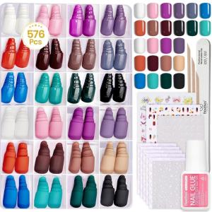 imageBeetles Press On Nails Kit  Creamy Drizzle  720Pcs 24 Colors Short Square Press On Nails  15 Sizes French Glossy Glitter Jelly With Nail Glue ampamp Nail Tabs Stickers Fake Nails Kit Art For WomenBShort Squaval576PCSChroma Pop