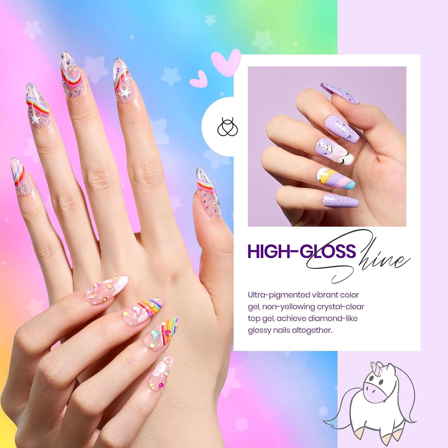 imageBeetles 24 Pcs Summer Rainbow Gel Nail Polish Set Unicorn Collection Neon Yellow Purple Gel Nail Polish with Beetles Gel Nail Polish Set 20 Colors Green Blue Burgundy Purple Brown Gel Polish Glitter