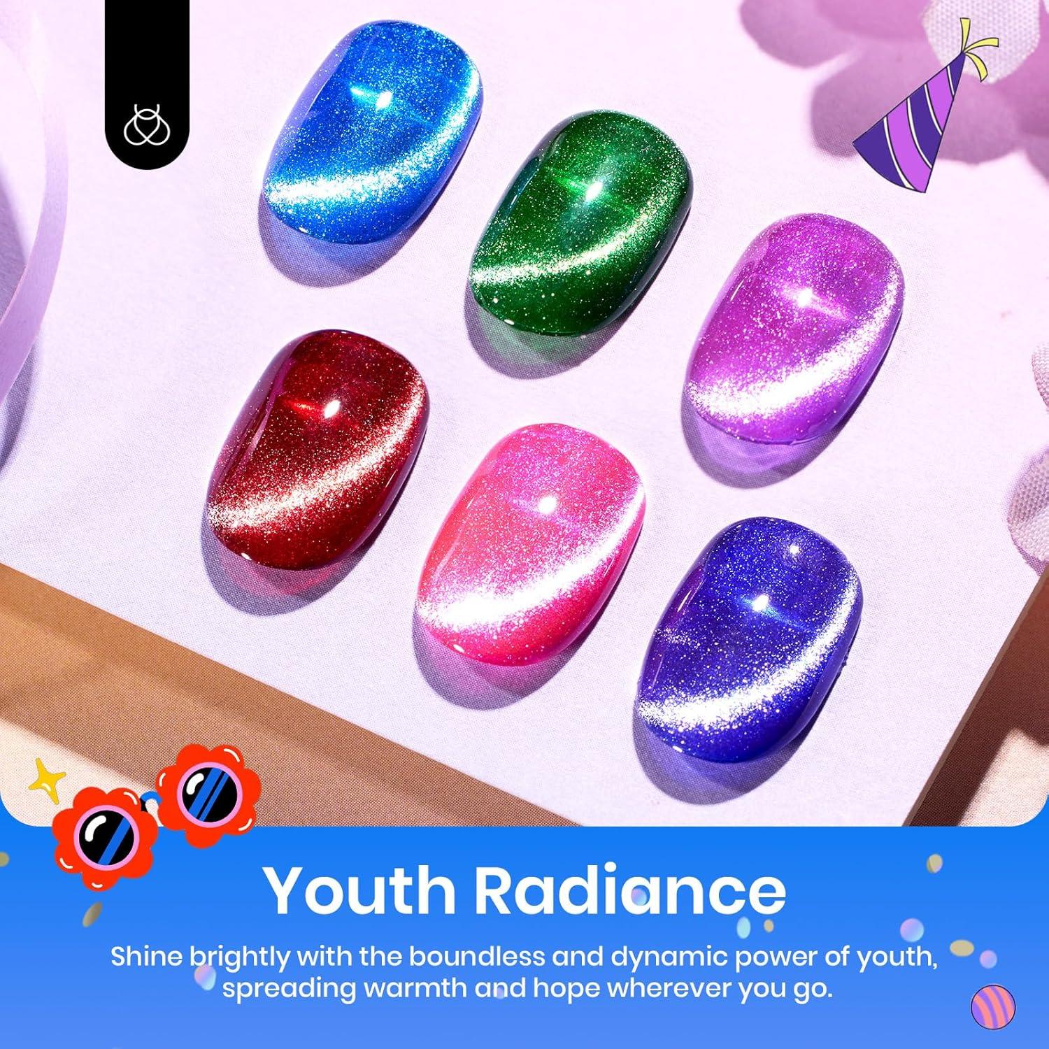 imageBeetles Cat Eye Gel Nail Polish 6 Colors Christmas Cat Eye Glitter Gel Polish Set Neon Red Pink Purple Blue Green with Magnet Velvet Gel Kit Soak Off UV French Nail Art Manicure Gift for Women00Youth Radiance