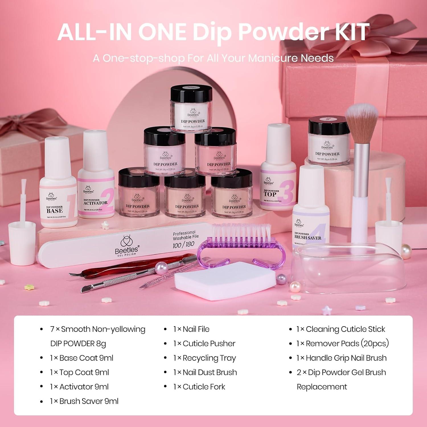 imageBeetles Dip Powder Nail Starter Kit 7 Colors Nude Pink Brown Snow White Translucent Dipping Powder Liquid DIY Set with Complete Accessories