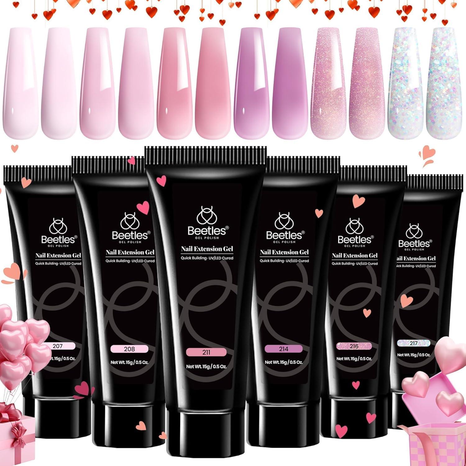 imageBeetles Poly Nail Gel Kit  6 Colors Jelly Nude Extension Kit with Slip Solution Builder Nail Enhancement for Beginner ampamp Professional Long Lasting DIY Home Christmas Gift for Women UV ampamp LED NeededRose Love