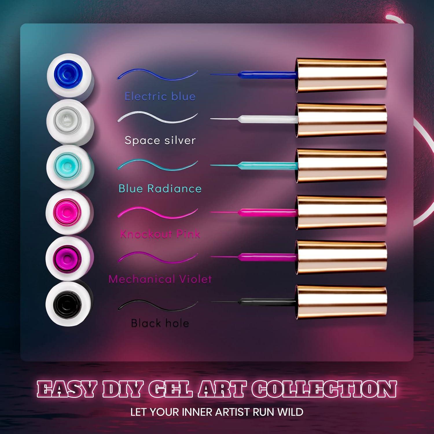 imageBeetles Summer Gel Liner Nail Polish Set  6 Neon Gel Nail Polish Colors Hot Pink Orange Blue Yellow Paint for Nails Built Thin Brush in Bottle Soak off Uv LED Lamp Nails ArtCyber Punks