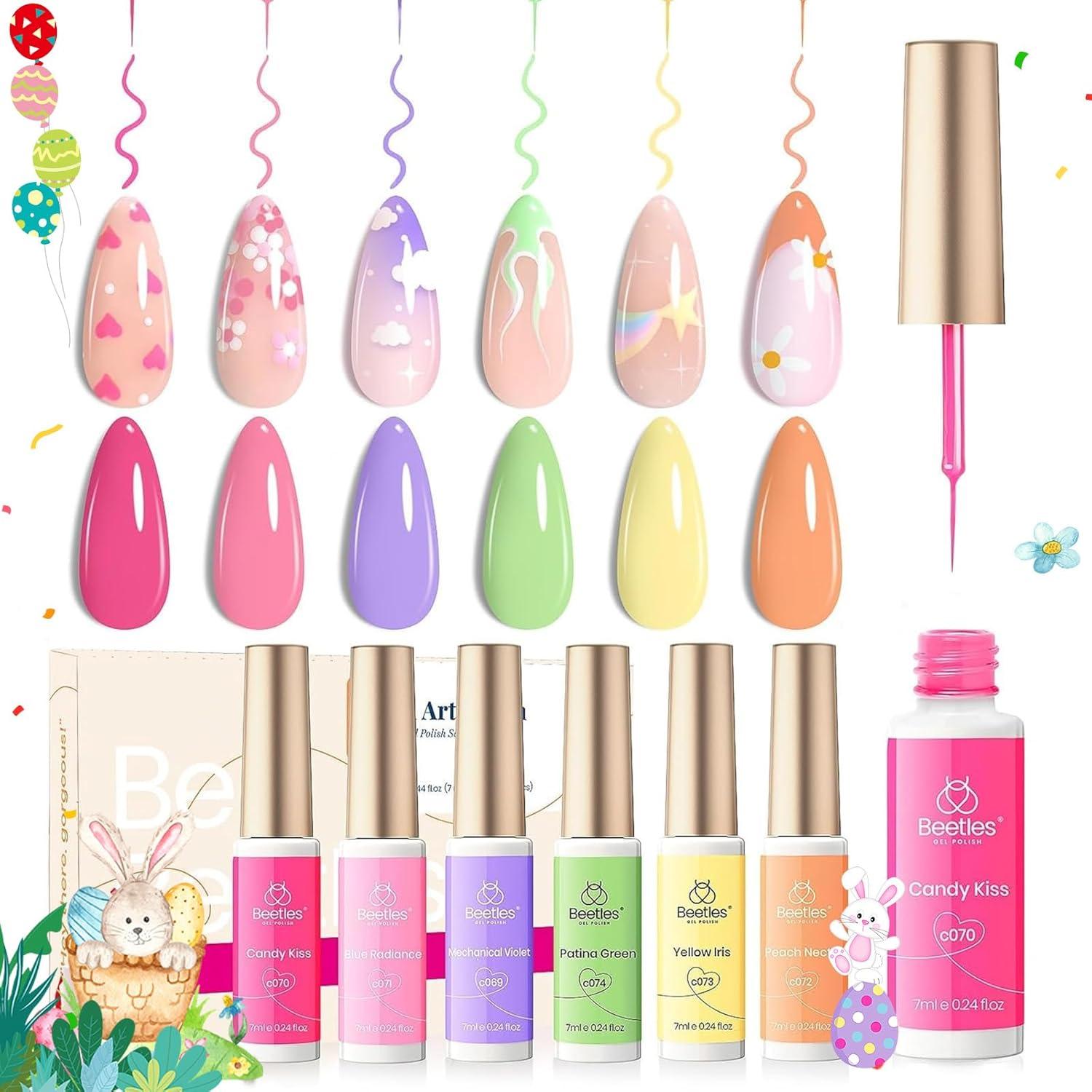 imageBeetles Summer Gel Liner Nail Polish Set  6 Neon Gel Nail Polish Colors Hot Pink Orange Blue Yellow Paint for Nails Built Thin Brush in Bottle Soak off Uv LED Lamp Nails ArtSmile Time