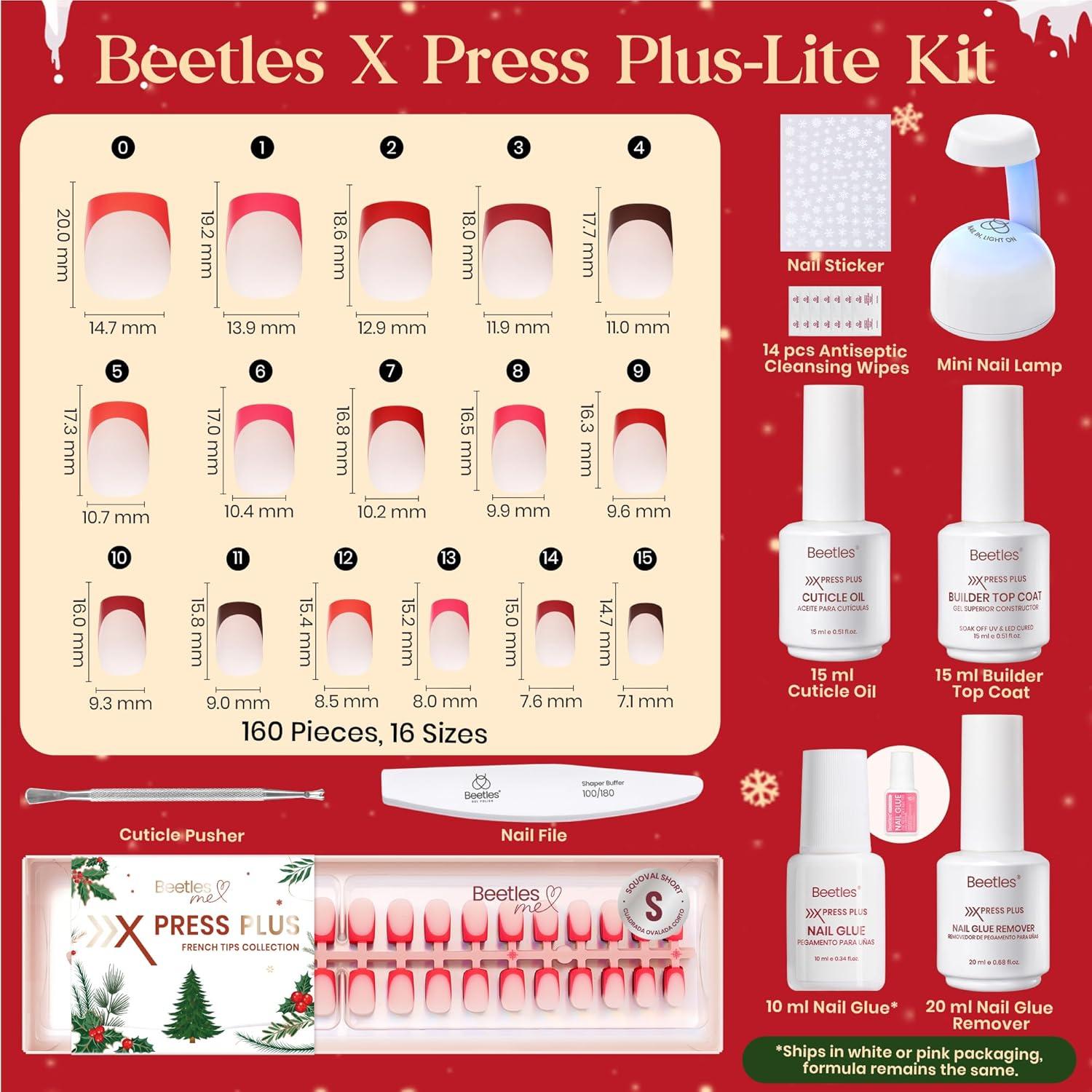 imageBeetles X Press Plus Gel Nails Kit  Christmas Glitz  7 Desgin Christmas Press On Nails Short Square  224Pcs 16 Sizes AllinOne Kit With Nail GlueRemoverBuilder Top CoatNail Lamp Gift1S SquareChristmas Crimson French Kit