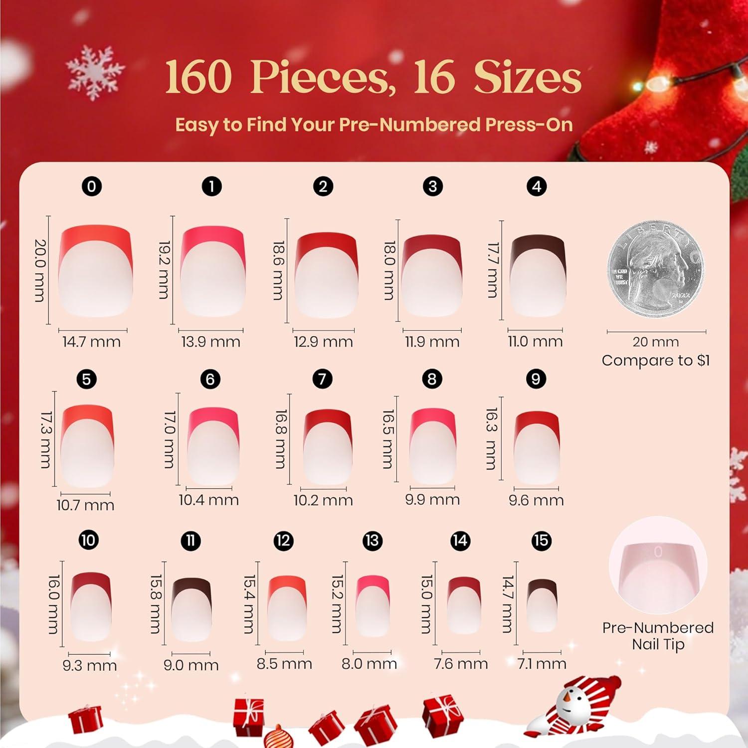 imageBeetles X Press Plus Red French Tip Nails  Crimson French  5 Colors Christmas Press On Nails Short Square  16 Sizes 160 Pcs Natural Salon Quality For Fall Nails1S SquareChristmas Crimson French