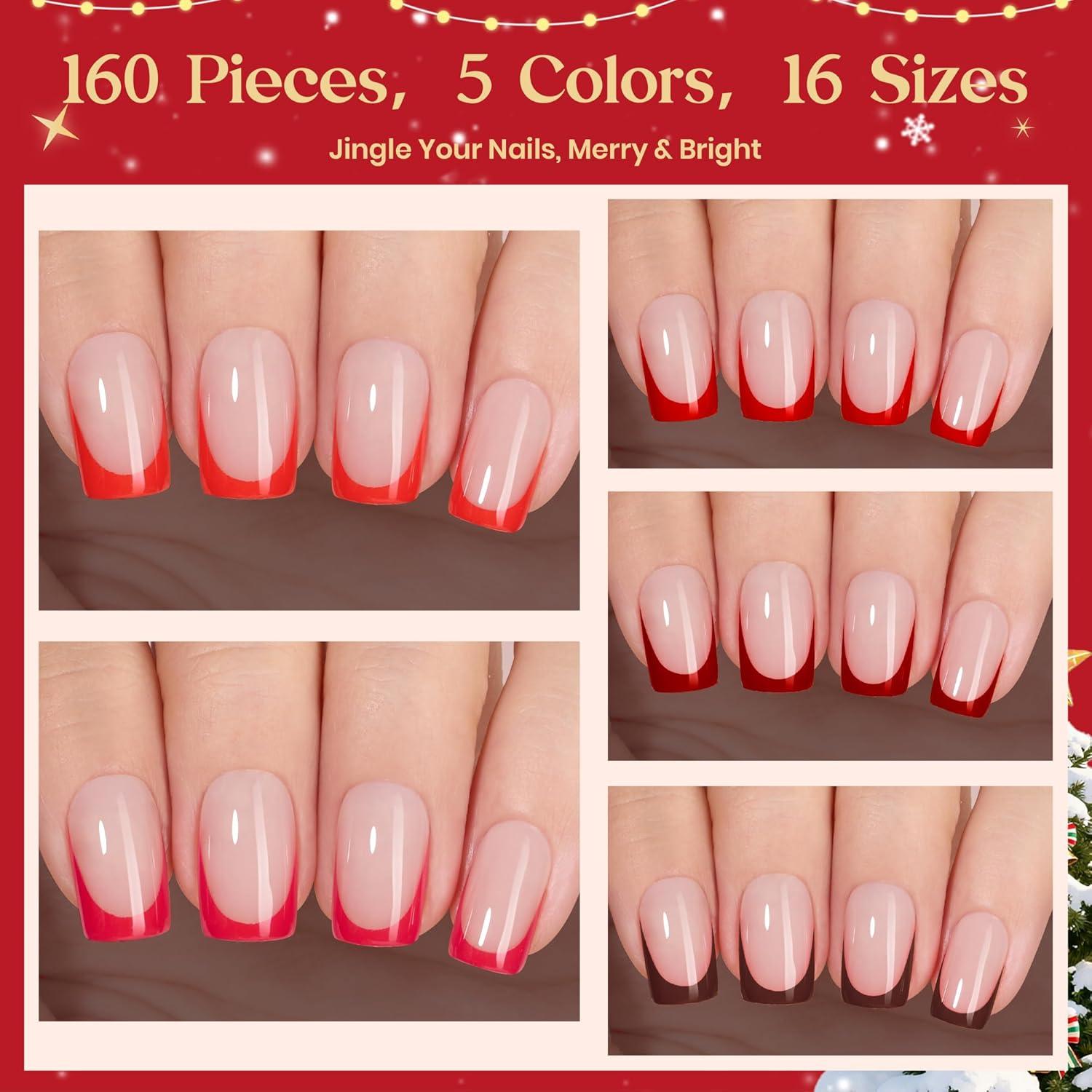 imageBeetles X Press Plus Red French Tip Nails  Crimson French  5 Colors Christmas Press On Nails Short Square  16 Sizes 160 Pcs Natural Salon Quality For Fall Nails1S SquareChristmas Crimson French