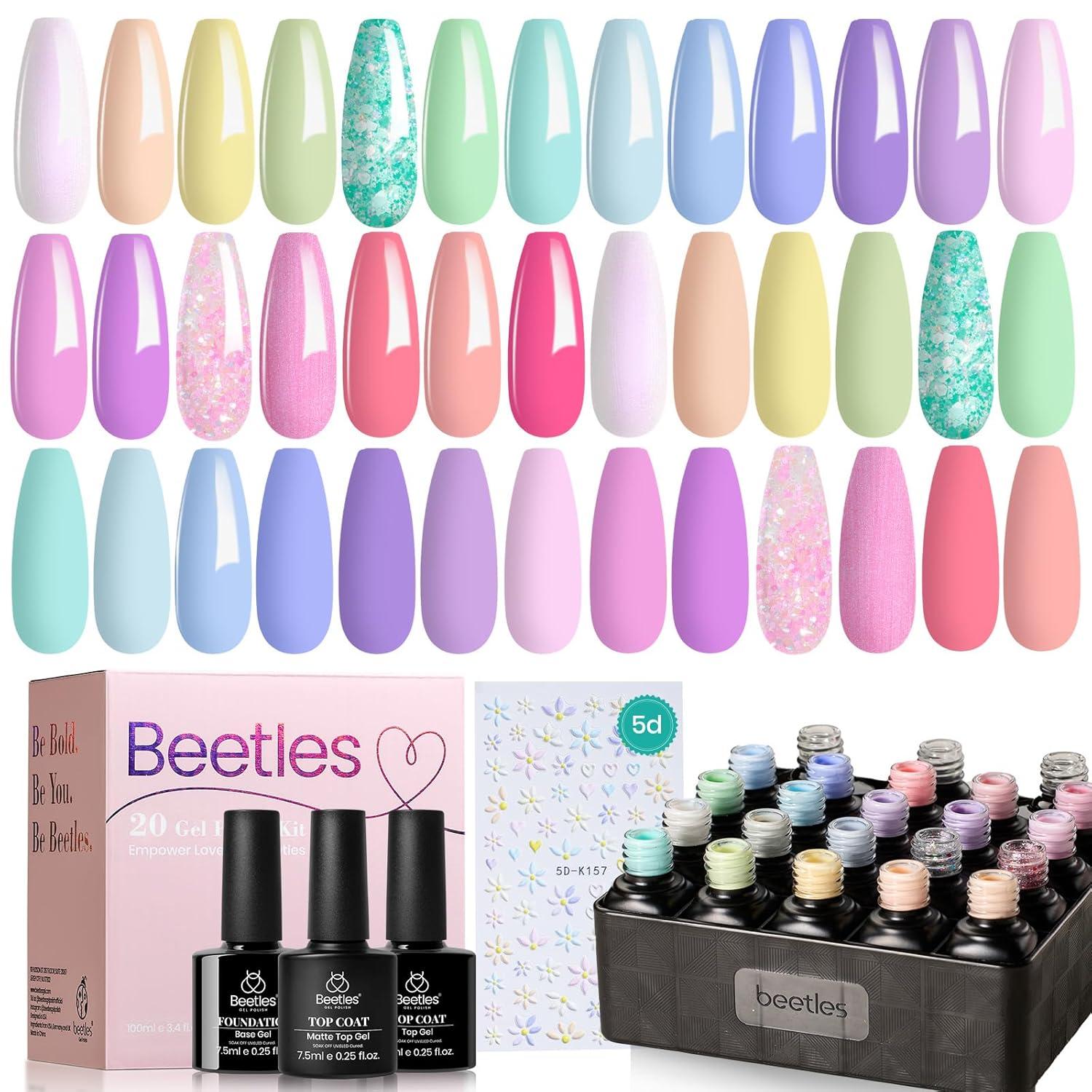 imagebeetles Gel Polish Kit Nude Gray Pink Blue Burgundy Glitter Gel Polish Set Modern Muse Collection with 3Pcs Base Matte Glossy Top Coat Soak off Uv Gel for Women00 Pastel Paradise 20 Colors