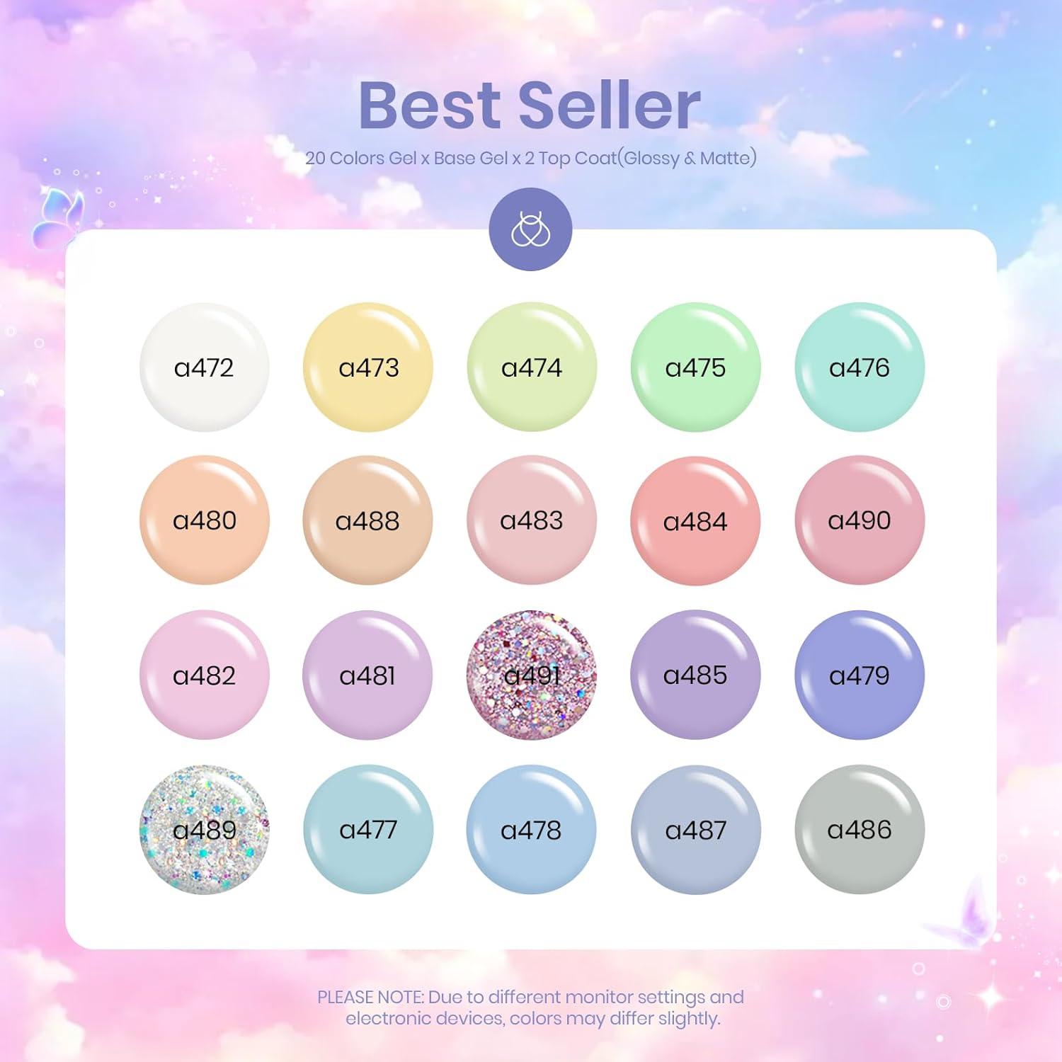 imagebeetles Gel Polish Set  23Pcs Macaroon Color Gel Nail Kit with Glossy Matte Top Coat Base Coat Yellow Pink White Purple Blue Glitter Bright Uv Nails Paradise Pastel Gel Christmas Gifts for WomenPastel Paradise