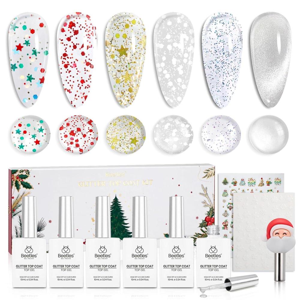 imageBeetles Christmas Limited Gel Top Coat Set 6Pcs 10ml Winter Sparkle Glitter Cat Eye Top Coat Gel Nail Polish No Wipe Long Lasting Soak Off U V LED New Year Manicure Salon DIY Gifts for Women