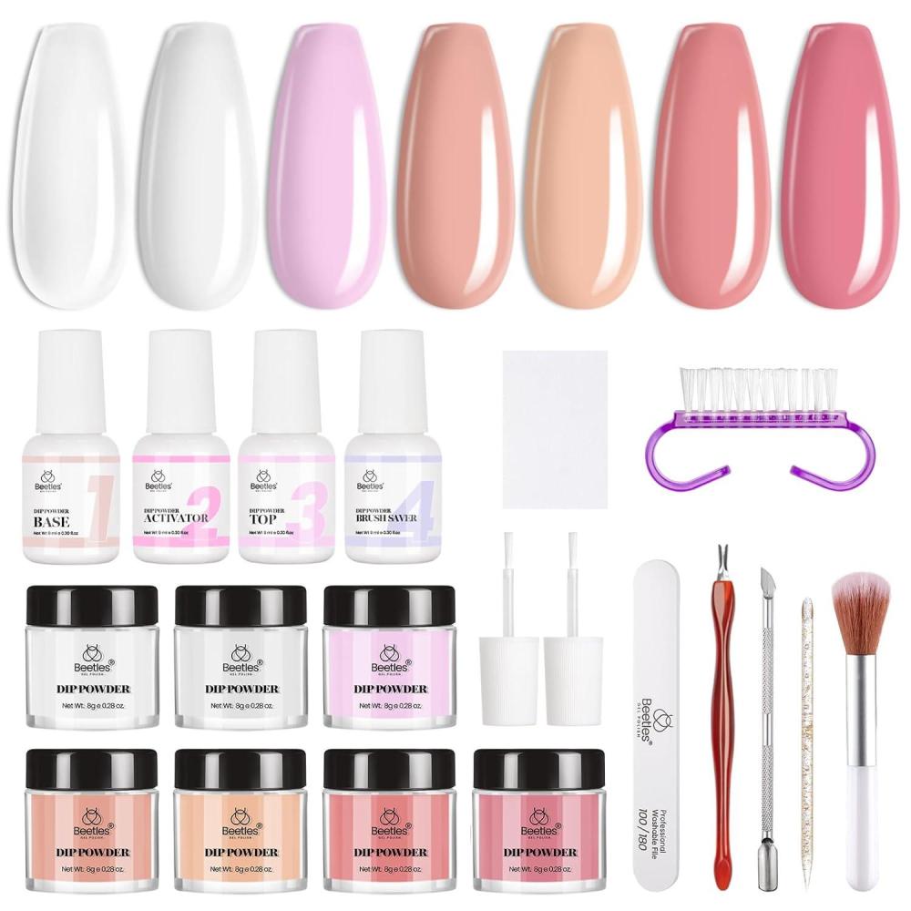 imageBeetles Dip Powder Nail Starter Kit 7 Colors Nude Pink Brown Snow White Translucent Dipping Powder Liquid DIY Set with Complete Accessories
