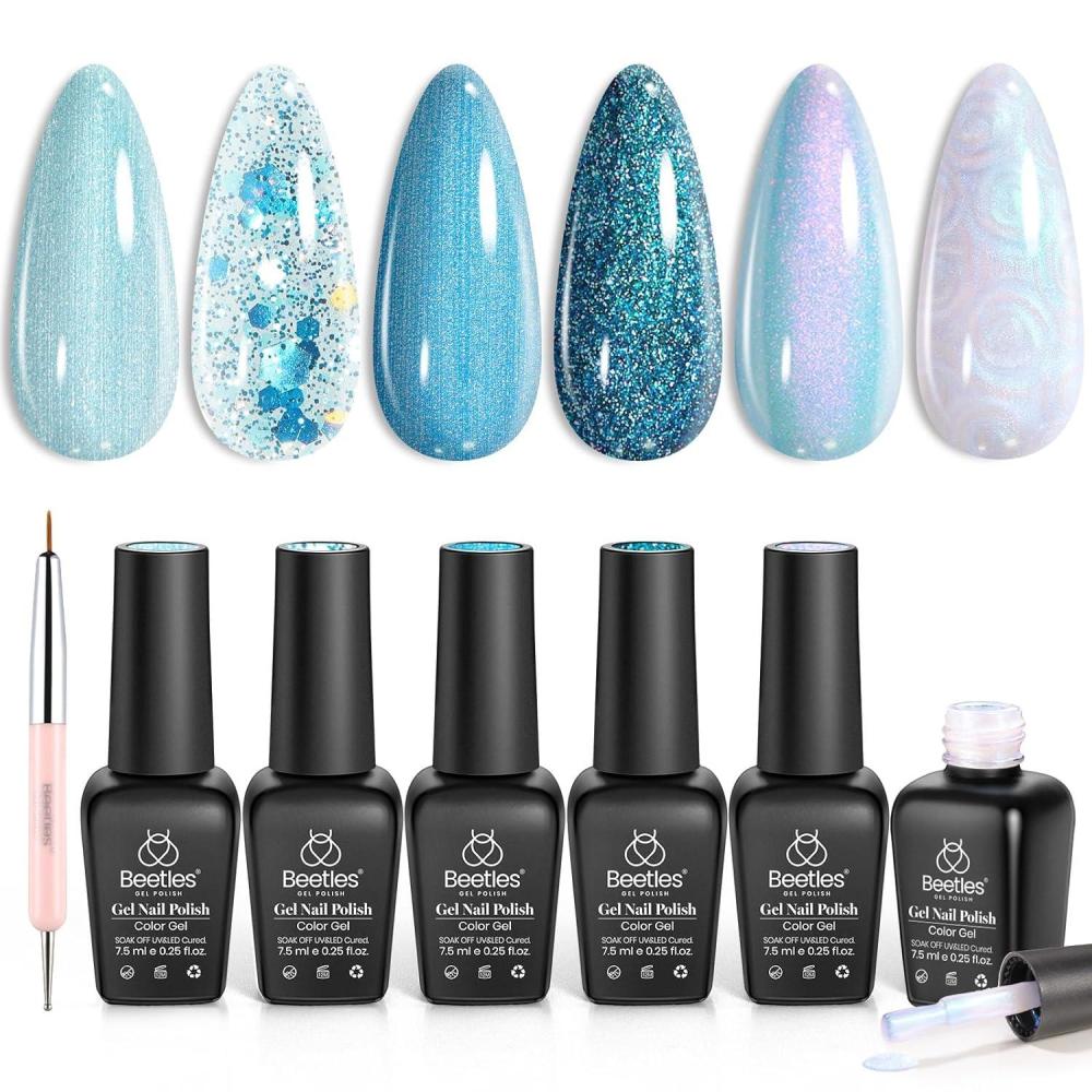 imageBeetles Pearl Gel Nail Polish 6 Colors Shimmer Cat Eye Holographic Glitter Nail Polish Set with Magnet Rainbow Mermaid Swirl Shell Thread Purple Pink Blue Green Velvet Gel Manicure Gifts for WomenIce Blue Gel Nail Polish