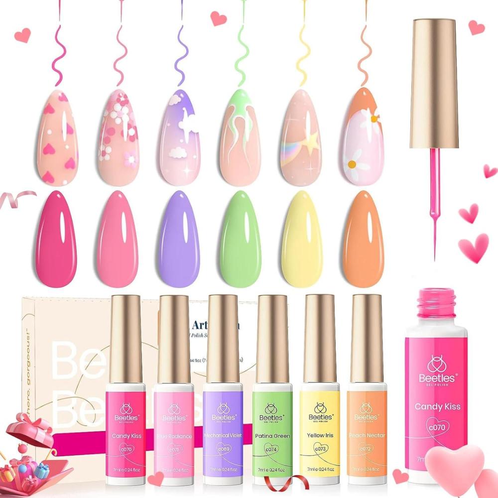 imageBeetles Summer Gel Liner Nail Polish Set  6 Neon Gel Nail Polish Colors Hot Pink Orange Blue Yellow Paint for Nails Built Thin Brush in Bottle Soak off Uv LED Lamp Nails ArtSmile Time