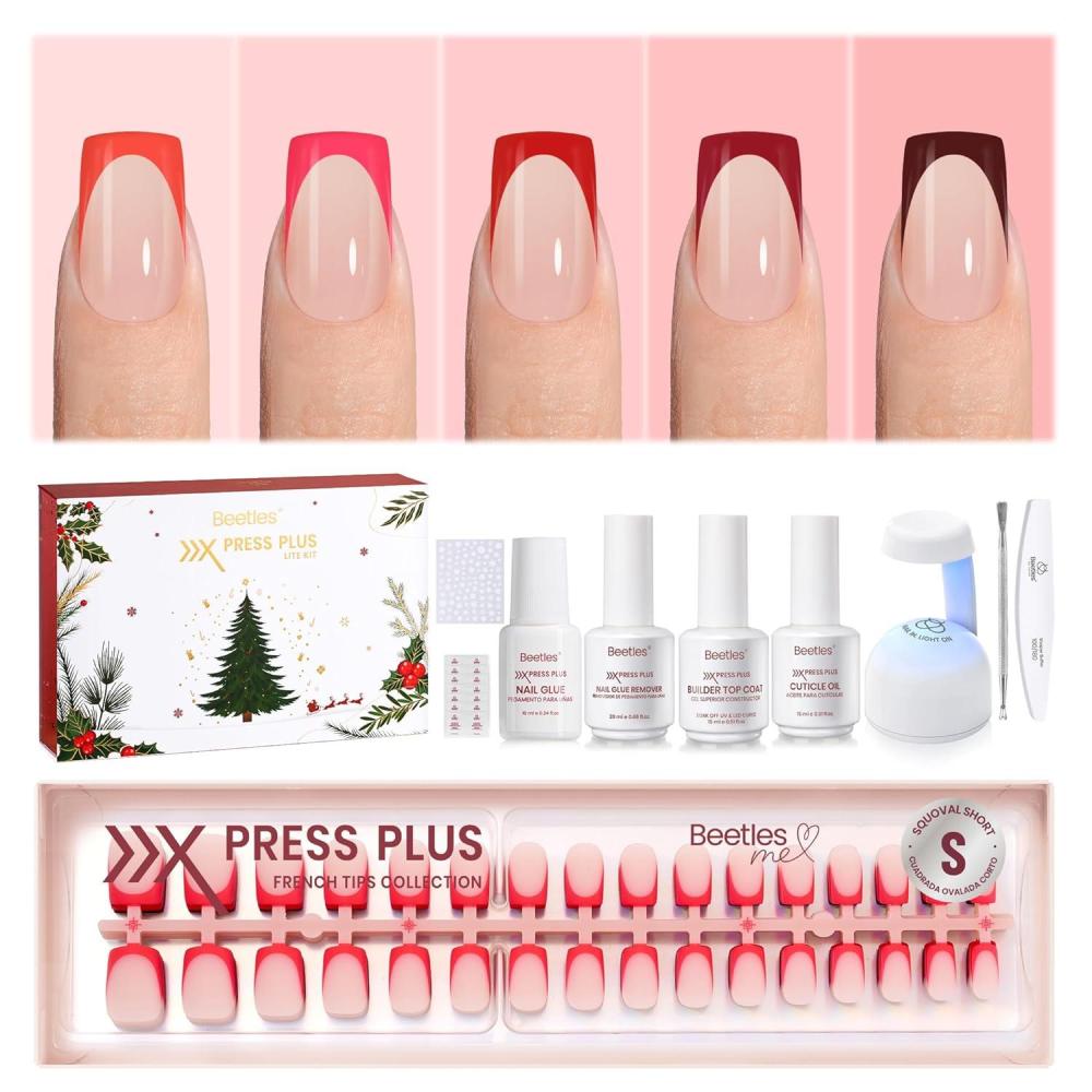 imageBeetles X Press Plus Gel Nails Kit  Christmas Glitz  7 Desgin Christmas Press On Nails Short Square  224Pcs 16 Sizes AllinOne Kit With Nail GlueRemoverBuilder Top CoatNail Lamp Gift1S SquareChristmas Crimson French Kit