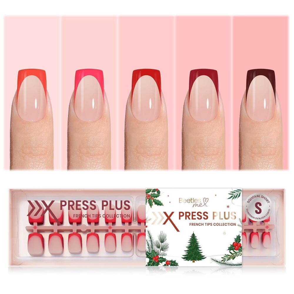 imageBeetles X Press Plus Red French Tip Nails  Crimson French  5 Colors Christmas Press On Nails Short Square  16 Sizes 160 Pcs Natural Salon Quality For Fall Nails1S SquareChristmas Crimson French
