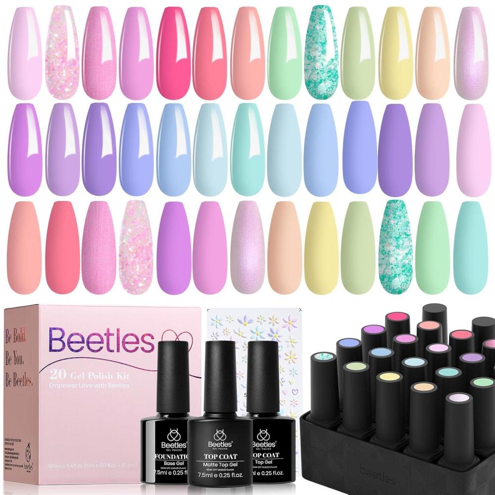 imagebeetles Gel Polish Kit Nude Gray Pink Blue Burgundy Glitter Gel Polish Set Modern Muse Collection with 3Pcs Base Matte Glossy Top Coat Soak off Uv Gel for Women00 Pastel Paradise 20 Colors