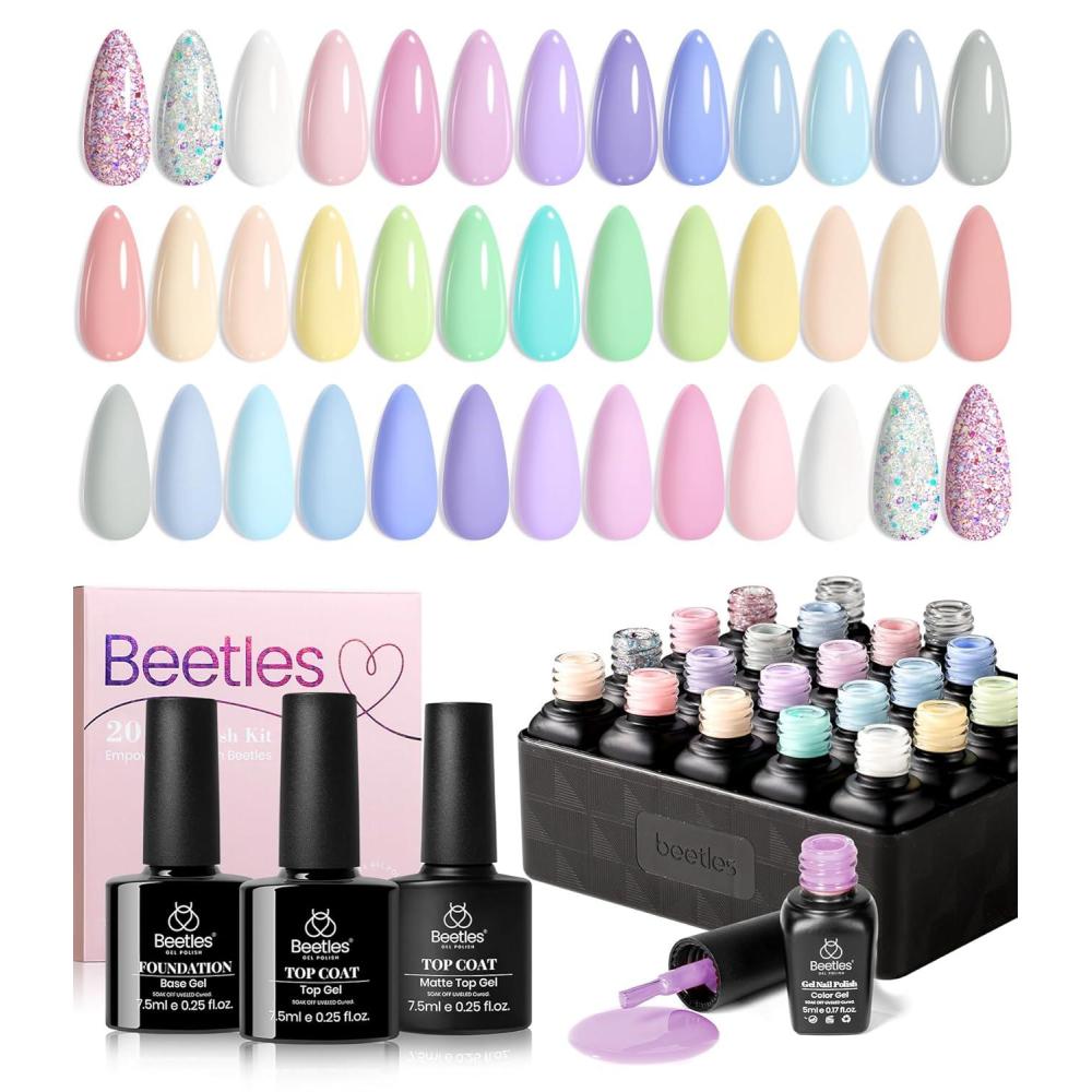 imagebeetles Gel Polish Set  23Pcs Macaroon Color Gel Nail Kit with Glossy Matte Top Coat Base Coat Yellow Pink White Purple Blue Glitter Bright Uv Nails Paradise Pastel Gel Christmas Gifts for WomenPastel Paradise