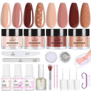 imageBeetles Dip Powder Nail Kit Starter Set Fall Winter Brown Nude Skin Glitter Dipping Powder with Liquid and Tools for French Nail Art Easy DIY Home Manicure or Salon Use Espresso Glow CollectionEspresso Glow