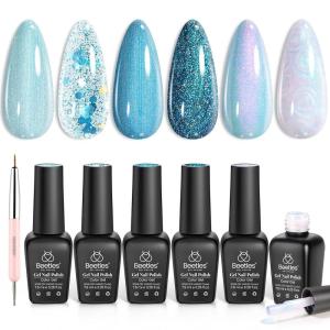 imageBeetles Pearl Gel Nail Polish 6 Colors Shimmer Cat Eye Holographic Glitter Nail Polish Set with Magnet Rainbow Mermaid Swirl Shell Thread Purple Pink Blue Green Velvet Gel Manicure Gifts for WomenIce Blue Gel Nail Polish