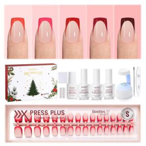 imageBeetles X Press Plus Gel Nails Kit  Christmas Glitz  7 Desgin Christmas Press On Nails Short Square  224Pcs 16 Sizes AllinOne Kit With Nail GlueRemoverBuilder Top CoatNail Lamp Gift1S SquareChristmas Crimson French Kit