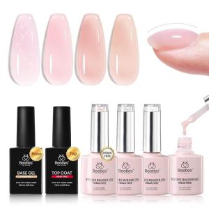 imageBeetles Builder Gel Set HEMA FreeWhispered Petals 4 Colors 8 in 1 Thickening Strengthening Building Apex with BaseampampTop Coat Gel for Beginner DIY Salon at Home UV ampamp LED Nude Pink Builder Nail GelWhispered Petals