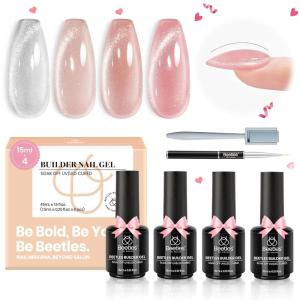 imageBeetles Builder Gel Set HEMA FreeWhispered Petals 4 Colors 8 in 1 Thickening Strengthening Building Apex with BaseampampTop Coat Gel for Beginner DIY Salon at Home UV ampamp LED Nude Pink Builder Nail GelCat Eye Star Cascade